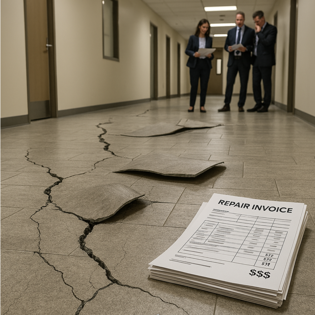A business office with a severely cracked tile floor. In the background, 3 business-people stand, looking at the failed floor